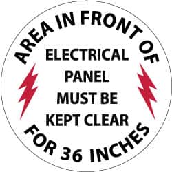 NMC - Area in Front of Electrical Panel Must Be Kept Clear for 36 Inches, Anti-Skid Pressure-Sensitive Vinyl Floor Sign - Round, Black & Red on White, Adhesive Backed, For Accident Prevention - Exact Tooling
