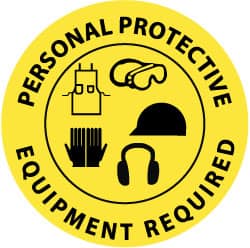 NMC - Personal Protective Equipment Required, Anti-Skid Pressure-Sensitive Vinyl Floor Sign - Round, Black on Yellow, Adhesive Backed, For Accident Prevention - Exact Tooling
