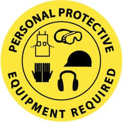NMC - Personal Protective Equipment Required, Anti-Skid Pressure-Sensitive Vinyl Floor Sign - Round, Black on Yellow, Adhesive Backed, For Accident Prevention - Exact Tooling