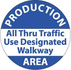 NMC - Production Area - All Thru Traffic Use DeFloor Signated Walkway, Anti-Skid Pressure-Sensitive Vinyl Floor Sign - Round, Blue on White, Adhesive Backed, For Security & Admittance - Exact Tooling
