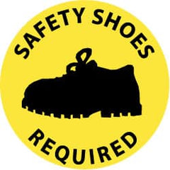 NMC - Safety Shoes Required, Anti-Skid Pressure-Sensitive Vinyl Floor Sign - Round, Black on Yellow, Adhesive Backed, For Accident Prevention - Exact Tooling