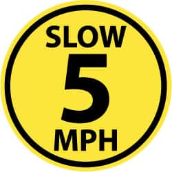 NMC - Slow 5 MPH, Anti-Skid Pressure-Sensitive Vinyl Floor Sign - Round, Black on Yellow, Adhesive Backed, For Security & Admittance - Exact Tooling