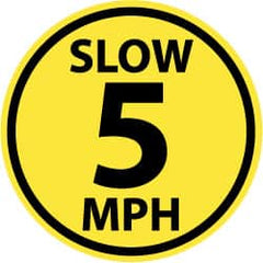 NMC - Slow 5 MPH, Anti-Skid Pressure-Sensitive Vinyl Floor Sign - Round, Black on Yellow, Adhesive Backed, For Security & Admittance - Exact Tooling