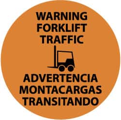 NMC - Warning Forklift Traffic, Anti-Skid Pressure-Sensitive Vinyl Floor Sign - Round, Black on Orange, Adhesive Backed, For Accident Prevention - Exact Tooling