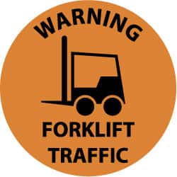 NMC - Warning Forklift Traffic, Anti-Skid Pressure-Sensitive Vinyl Floor Sign - Round, Black on Orange, Adhesive Backed, For Accident Prevention - Exact Tooling