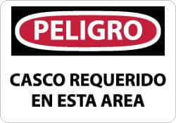 NMC - "Peligro - Casco Requerido en Esta Area", 10" Long x 14" Wide, Pressure-Sensitive Vinyl Safety Sign - Rectangle, 0.004" Thick, Use for Accident Prevention - Exact Tooling