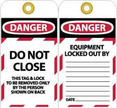 NMC - 3" High x 6" Long, DO NOT CLOSE, English Safety & Facility Lockout Tag - Tag Header: Danger, 2 Sides, Black, Red & White Unrippable Vinyl - Exact Tooling
