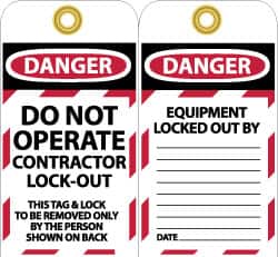 NMC - 3" High x 6" Long, DO NOT OPERATE CONTRATOR LOCK OUT, English Safety & Facility Lockout Tag - Tag Header: Danger, 2 Sides, Black, Red & White Unrippable Vinyl - Exact Tooling