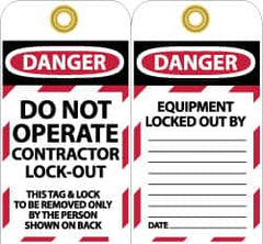 NMC - 3" High x 6" Long, DO NOT OPERATE CONTRATOR LOCK OUT, English Safety & Facility Lockout Tag - Tag Header: Danger, 2 Sides, Black, Red & White Unrippable Vinyl - Exact Tooling
