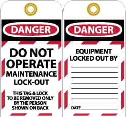 NMC - 3" High x 6" Long, DO NOT OPERATE MAINTENANCE LOCKOUT, English Safety & Facility Lockout Tag - Tag Header: Danger, 2 Sides, Black, Red & White Unrippable Vinyl - Exact Tooling