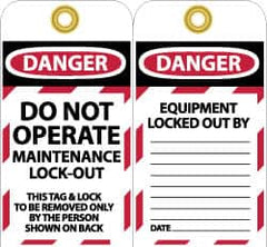 NMC - 3" High x 6" Long, DO NOT OPERATE MAINTENANCE LOCKOUT, English Safety & Facility Lockout Tag - Tag Header: Danger, 2 Sides, Black, Red & White Unrippable Vinyl - Exact Tooling