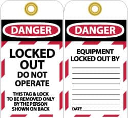 NMC - 3" High x 6" Long, LOCKED OUT - DO NOT OPERATE, English Safety & Facility Lockout Tag - Tag Header: Danger, 2 Sides, Black, Red & White Unrippable Vinyl - Exact Tooling