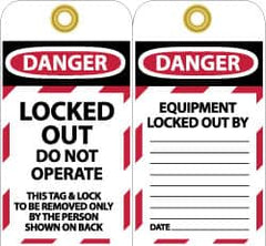 NMC - 3" High x 6" Long, LOCKED OUT - DO NOT OPERATE, English Safety & Facility Lockout Tag - Tag Header: Danger, 2 Sides, Black, Red & White Unrippable Vinyl - Exact Tooling