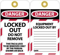 NMC - 3" High x 6" Long, LOCKED OUT - DO NOT REMOVE, English Safety & Facility Lockout Tag - Tag Header: Danger, 2 Sides, Black, Red & White Unrippable Vinyl - Exact Tooling