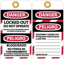 NMC - 3" High x 6" Long, DANGER - LOCKED OUT - DO NOT OPERATE - THIS TAG & LOCK TO BE REMOVED ONLY BY THE PERSON SHOWN ON BACK, English & Spanish Safety & Facility Lockout Tag - Tag Header: Danger, 2 Sides, Black, Red & White Vinyl - Exact Tooling