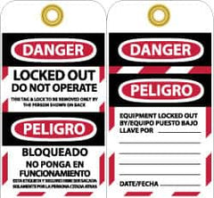 NMC - 3" High x 6" Long, DANGER - LOCKED OUT - DO NOT OPERATE - THIS TAG & LOCK TO BE REMOVED ONLY BY THE PERSON SHOWN ON BACK, English & Spanish Safety & Facility Lockout Tag - Tag Header: Danger, 2 Sides, Black, Red & White Vinyl - Exact Tooling
