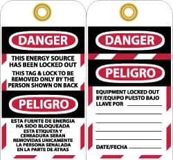 NMC - 3" High x 6" Long, DANGER - THIS ENERGY SOURCE HAS BEEN LOCKED OUT - THIS TAB & LOCK TO BE REMOVED ONLY BY THE PERSON SHOWN ON BACK, English & Spanish Safety & Facility Lockout Tag - Tag Header: Danger, 2 Sides, Black, Red & White Vinyl - Exact Tooling