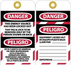 NMC - 3" High x 6" Long, DANGER - THIS ENERGY SOURCE HAS BEEN LOCKED OUT - THIS TAB & LOCK TO BE REMOVED ONLY BY THE PERSON SHOWN ON BACK, English & Spanish Safety & Facility Lockout Tag - Tag Header: Danger, 2 Sides, Black, Red & White Vinyl - Exact Tooling