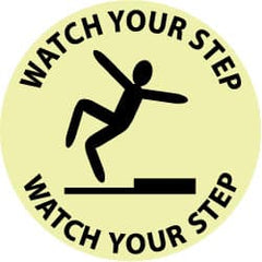NMC - Watch Your Step - Watch Your Step, Anti-Skid Polyester Floor Sign - Round, Black on Yellow (Glow), Adhesive Backed, For Accident Prevention - Exact Tooling