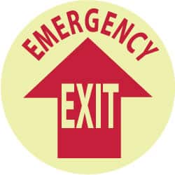 NMC - Emergency Exit, Anti-Skid Polyester Floor Sign - Round, Red on Glow (Yellow), Adhesive Backed, For Exit, Entrance & Directional - Exact Tooling
