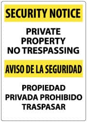 NMC - "Security Notice - Private Property - No Trespassing", 20" Long x 14" Wide, Rigid Plastic Safety Sign - Rectangle, 0.04" Thick, Use for Security & Admittance - Exact Tooling