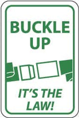 NMC - "Buckle Up - It's the Law", "Buckle", 12" Wide x 18" High, Aluminum Parking Lot Traffic Signs - 0.04" Thick, Green on White, Rectangle, Post Mount - Exact Tooling