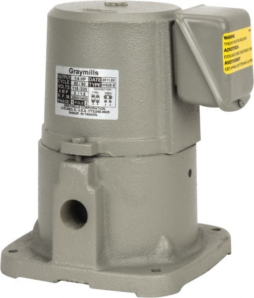 Graymills - 3/1.5 Amp, 115/230 Volt, 1/4 hp, 1 Phase, 3,450 RPM, Cast Iron Suction Machine Tool & Recirculating Pump - 20 GPM, 32 psi, 7-3/8" Long x 7-3/8" Mounting Flange Width, 9" Overall Height, Plastic Impeller, TEFC Motor - Exact Tooling