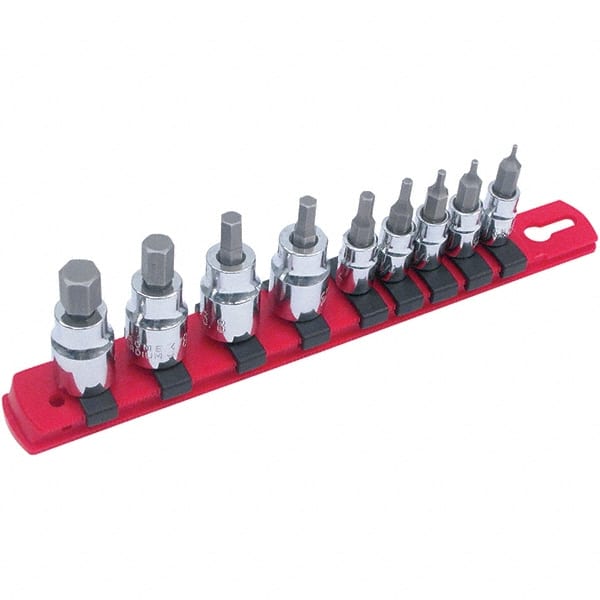 Wiha - 9 Piece 1/4 & 3/8" Drive Hex Bit Socket Set - 1.5 to 10mm Hex, Comes in Rail - Exact Tooling