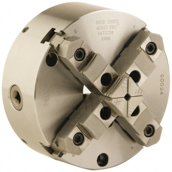 Buck Chuck Company - 4 Jaws, 6" Diam, Self Centering Manual Lathe Chuck - Front Mount, Adjustable, Reversible, 4,600 Max RPM, 1.78" Through Hole Diam, Forged Steel - Exact Tooling