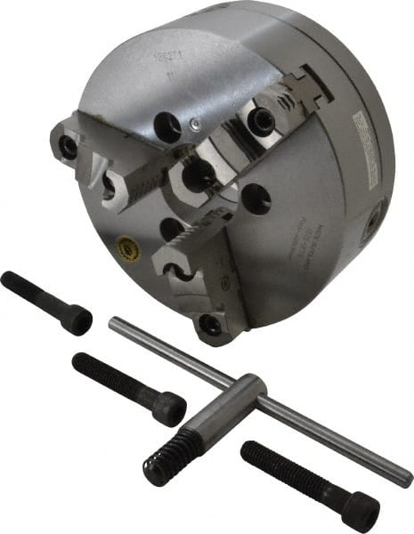 Bison - 3 Jaws, 8" Diam, Self Centering Manual Lathe Chuck - A1-6 Mount Spindle, Reversible, 4,000 Max RPM, 2.1653" Through Hole Diam, 0.001" Axial Runout, 0.0016" Radial Runout, Forged Steel - Exact Tooling