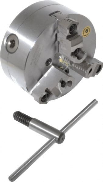 Bison - 3 Jaws, 6" Diam, Self Centering Manual Lathe Chuck - D1-4 Mount Spindle, Reversible, 4,500 Max RPM, 1.6535" Through Hole Diam, 0.0008" Axial Runout, 0.0012" Radial Runout, Forged Steel - Exact Tooling