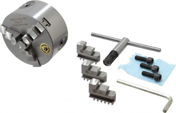 Bison - 3 Jaws, 4" Diam, Self Centering Manual Lathe Chuck - Plain Back Mount Spindle, 3,500 Max RPM, 0.7874" Through Hole Diam, 0.0006" Axial Runout, 0.0008" Radial Runout, Cast Iron - Exact Tooling