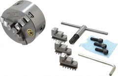 Bison - 3 Jaws, 4" Diam, Self Centering Manual Lathe Chuck - Plain Back Mount Spindle, 3,500 Max RPM, 0.7874" Through Hole Diam, 0.0006" Axial Runout, 0.0008" Radial Runout, Cast Iron - Exact Tooling