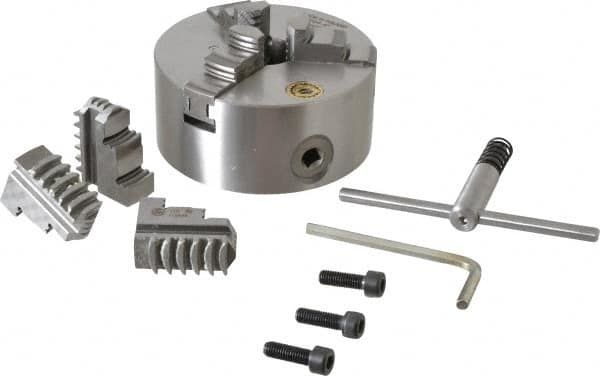 Bison - 3 Jaws, 5" Diam, Self Centering Manual Lathe Chuck - Plain Back Mount Spindle, 3,200 Max RPM, 1.2598" Through Hole Diam, 0.0008" Axial Runout, 0.0012" Radial Runout, Cast Iron - Exact Tooling