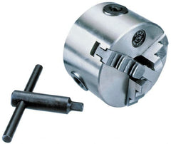 Interstate - 3 Jaws, 6" Diam, Self Centering Manual Lathe Chuck - Plain Back Mount Spindle, 1.5748" Through Hole Diam, 0.003" Axial Runout, Cast Iron - Exact Tooling