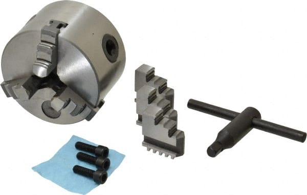 Interstate - 3 Jaws, 3" Diam, Self Centering Manual Lathe Chuck - Plain Back Mount Spindle, 0.6299" Through Hole Diam, 0.003" Axial Runout, Cast Iron - Exact Tooling