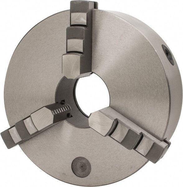 Interstate - 3 Jaws, 10" Diam, Self Centering Manual Lathe Chuck - Plain Back Mount Spindle, 3.1496" Through Hole Diam, 0.003" Axial Runout, Cast Iron - Exact Tooling