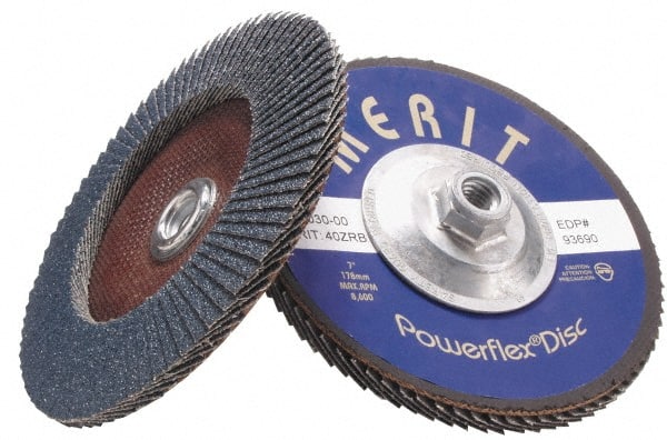 Merit Abrasives - 120 Grit, 4-1/2" Disc Diam, 5/8-11 Center Hole, Type 27 Zirconia Alumina Flap Disc - 13,300 Max RPM, Fiberglass Backing, Arbor Attaching System, Coated - Exact Tooling