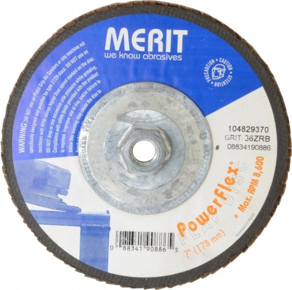 Merit Abrasives - 36 Grit, 7" Disc Diam, 5/8-11 Center Hole, Type 27 Zirconia Alumina Flap Disc - 8,600 Max RPM, Fiberglass Backing, Arbor Attaching System, Coated - Exact Tooling