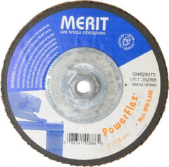 Merit Abrasives - 36 Grit, 7" Disc Diam, 5/8-11 Center Hole, Type 27 Zirconia Alumina Flap Disc - 8,600 Max RPM, Fiberglass Backing, Arbor Attaching System, Coated - Exact Tooling