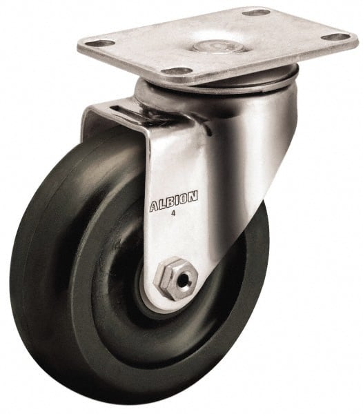 Albion - 4" Diam x 1-1/4" Wide x 5-1/8" OAH Top Plate Mount Swivel Caster - Polypropylene, 300 Lb Capacity, Plain Bearing, 2-1/2 x 3-5/8" Plate - Exact Tooling