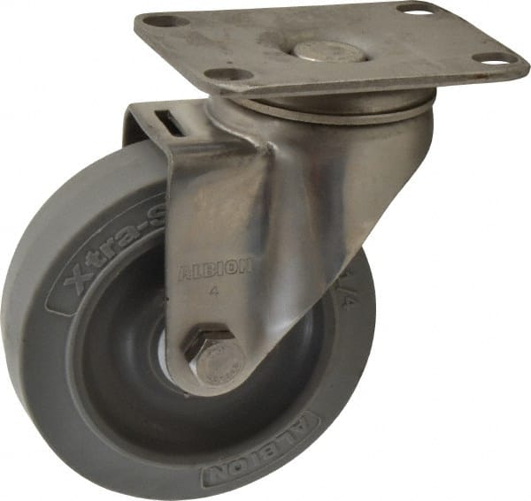 Albion - 4" Diam x 1-1/4" Wide x 5-1/8" OAH Top Plate Mount Swivel Caster - Soft Rubber, 300 Lb Capacity, Delrin Bearing, 2-1/2 x 3-5/8" Plate - Exact Tooling