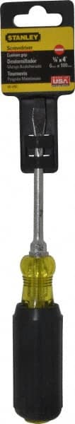 Stanley - 1/4" Blade Width, 8-1/4" OAL Standard Slotted Screwdriver - 4" Blade Length, Round Shank, Acetate with Rubber Grip Handle - Exact Tooling