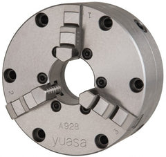 Yuasa - 3 Jaws, 10" Diam, Self Centering Manual Lathe Chuck - Plain Back Mount Spindle, Adjustable, Reversible, 3.5433" Through Hole Diam, 0.0005" Axial Runout, Cast Iron - Exact Tooling