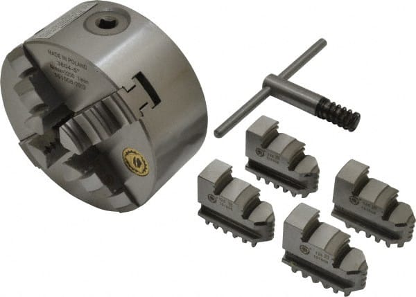 Bison - 4 Jaws, 5" Diam, Self Centering Manual Lathe Chuck - Plain Back Mount Spindle, 3,200 Max RPM, 9.921" Through Hole Diam, 0.0008" Axial Runout, 0.0012" Radial Runout, Cast Iron - Exact Tooling