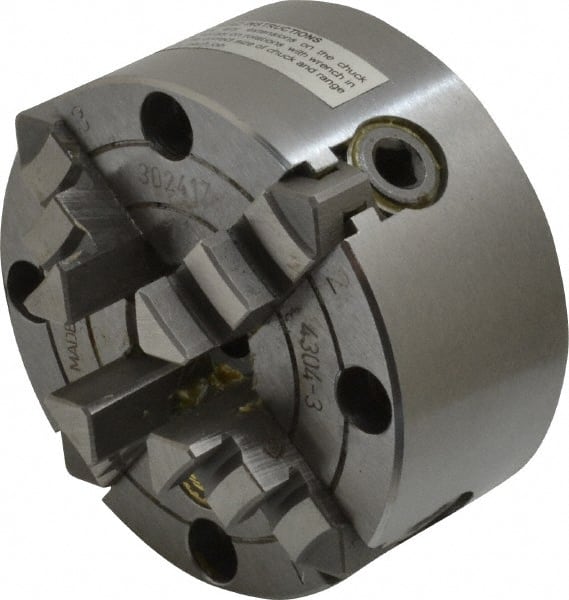 Bison - 4 Jaws, 3" Diam, Independent Manual Lathe Chuck - Plain Back Mount Spindle, Reversible, 4,000 Max RPM, 63/64" Through Hole Diam, Cast Iron - Exact Tooling