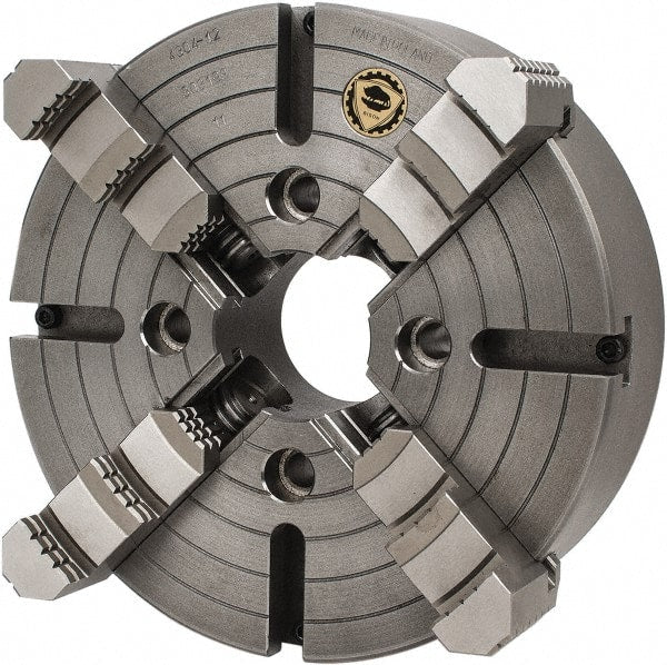 Bison - 4 Jaws, 12" Diam, Independent Manual Lathe Chuck - Plain Back Mount Spindle, Reversible, 1,200 Max RPM, 3.1496" Through Hole Diam, Cast Iron - Exact Tooling