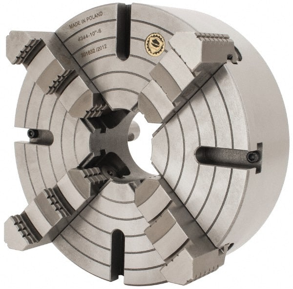 Bison - 4 Jaws, 10" Diam, Independent Manual Lathe Chuck - D1-6 Mount Spindle, Reversible, 1,500 Max RPM, 2.5591" Through Hole Diam, Cast Iron - Exact Tooling