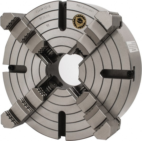 Bison - 4 Jaws, 12" Diam, Independent Manual Lathe Chuck - D1-8 Mount Spindle, Reversible, 3.1496" Through Hole Diam, Cast Iron - Exact Tooling