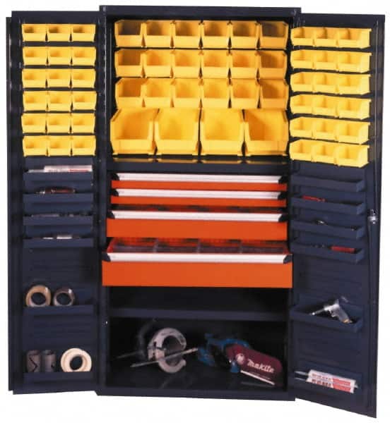 Durham - 13 Shelf 58 Bin Storage Cabinet - Steel, 36" Wide x 24" Deep x 72" High, Gray - Exact Tooling